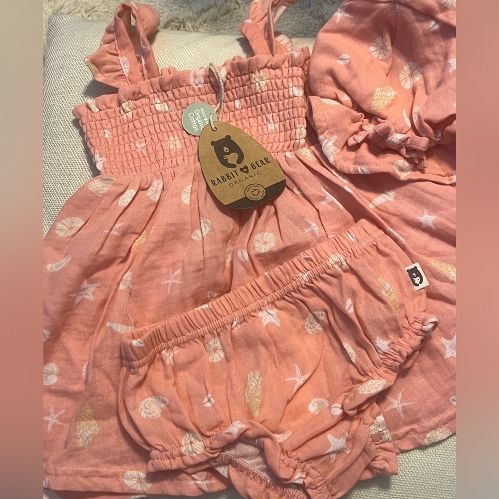 NWT Rabbit + Bear Baby Girl 3 piece Pink Set Dress Panty and Hat Size 18 Months